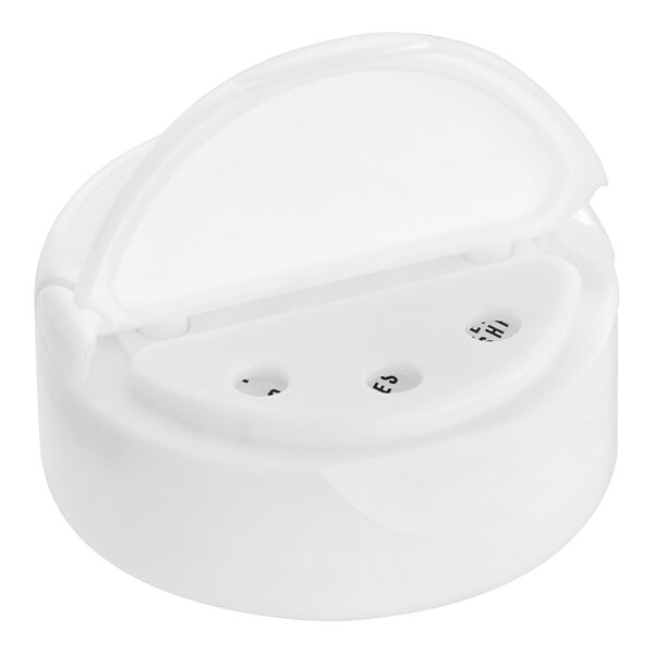 A white round plastic lid with two flaps and three holes.