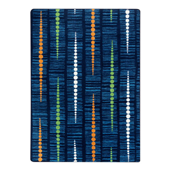 A blue rug with orange, green, and white stripes.