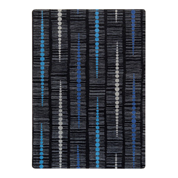 A Joy Carpets Kid Essentials Recoil sapphire area rug with blue and gray stripes.