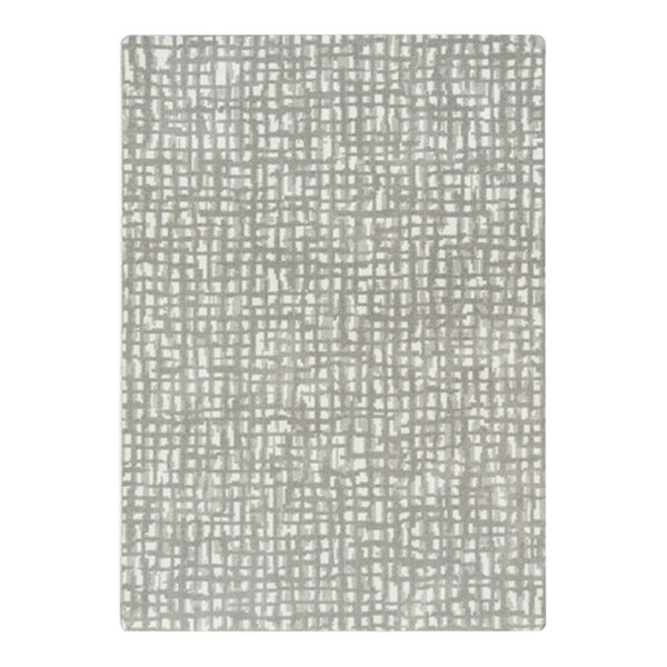 A close-up of a Joy Carpets dove grey and white rectangular area rug with a pattern.