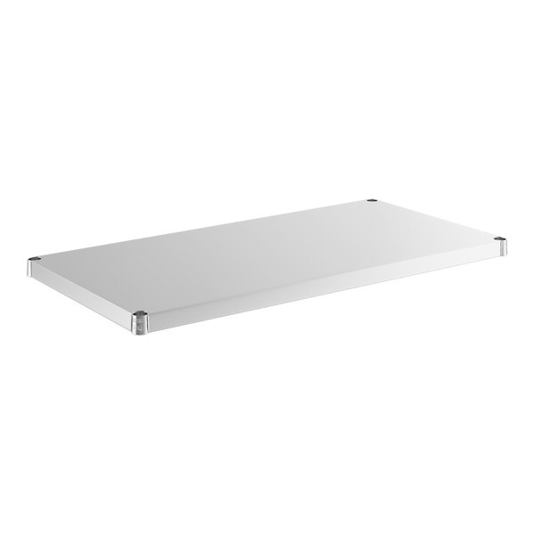 A stainless steel rectangular shelf with metal corners.