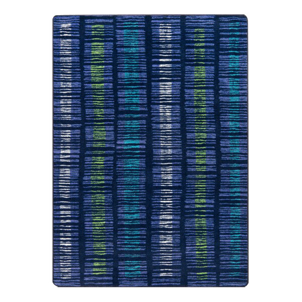 A close-up of a blue and green striped Joy Carpets area rug.