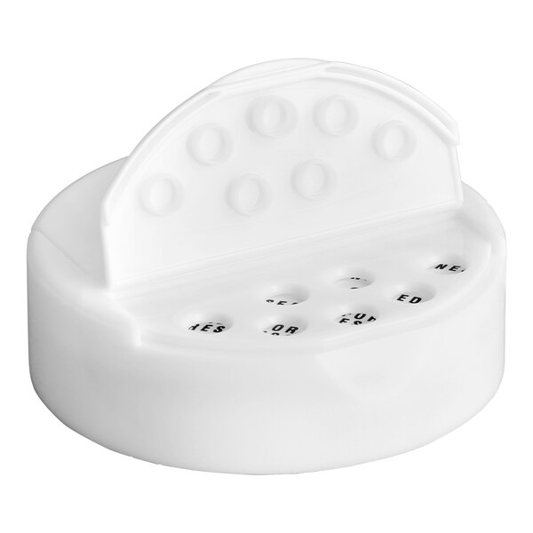 A white dual-flapper spice lid with seven holes, designed for dispensing spices.