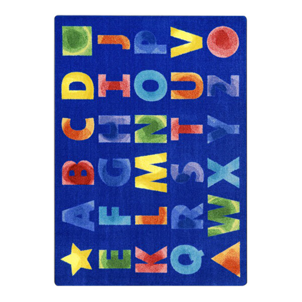 A rectangular rainbow area rug with letters and numbers in colorful watercolor style.