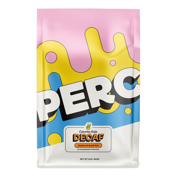 A bag of PERC Colombia Huila Decaf Whole Bean Coffee.