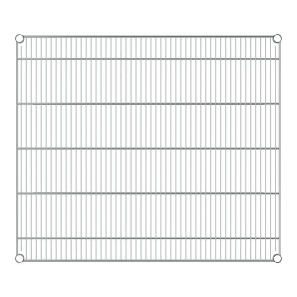 A close-up of a metal grid with wire shelves.