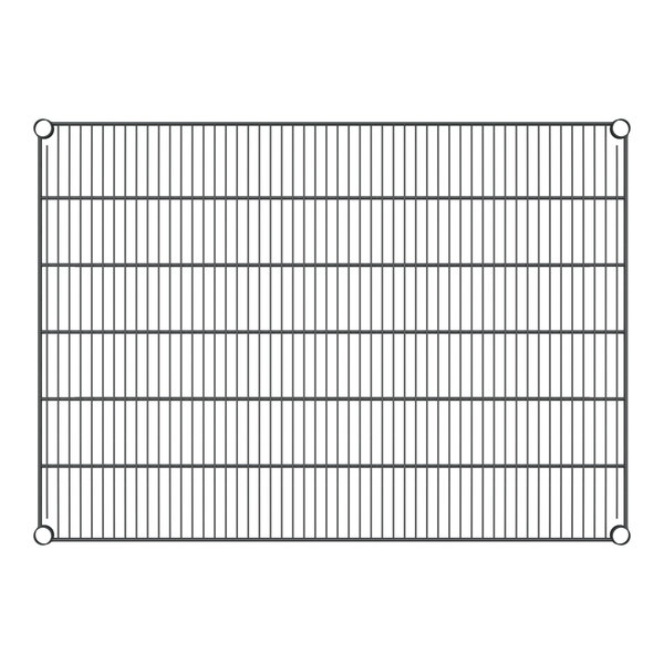 A close-up of a Regency black wire shelf with a metal grid.