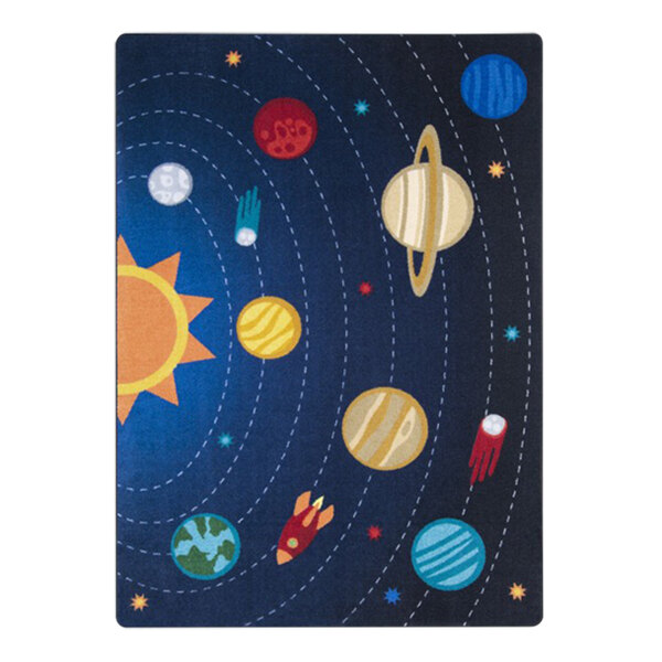 A blue rectangle area rug with planets and stars in white, yellow, orange, and red.