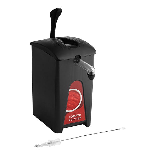 A black ServSense ketchup dispenser with a red label and a tube.