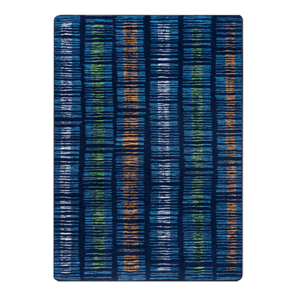 A close-up of the blue and orange striped Joy Carpets Kid Essentials Verve area rug.