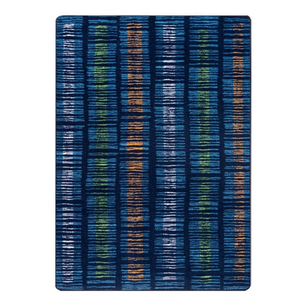 A close-up of a blue and orange striped Joy Carpets area rug with a pattern.