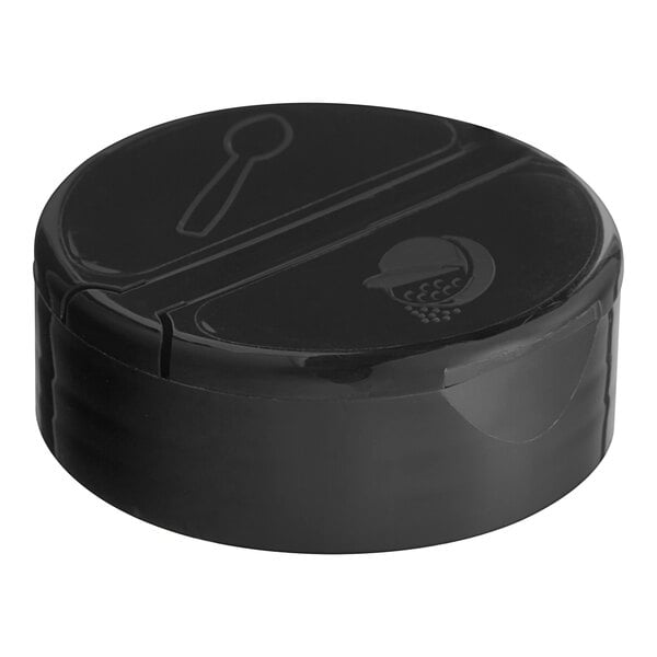 A black 53/485 Dual-Flapper Spice Lid with 7 holes.