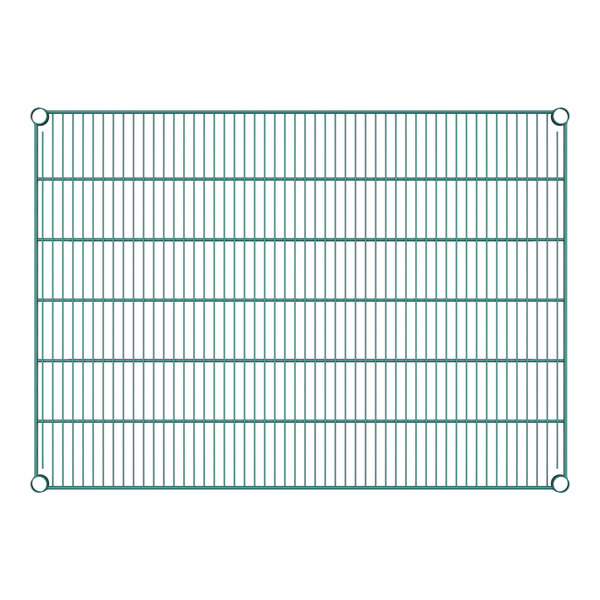 A close-up of a green Regency wire rack with a grid pattern.