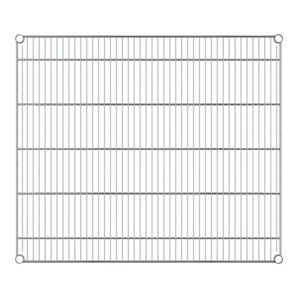 A close-up of a stainless steel wire shelf grid.