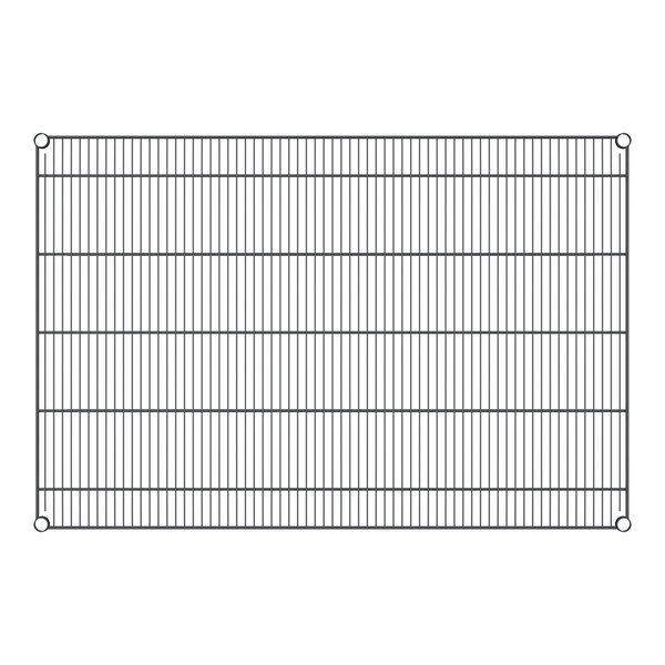 A close-up of a Regency black wire shelf with a grid pattern.