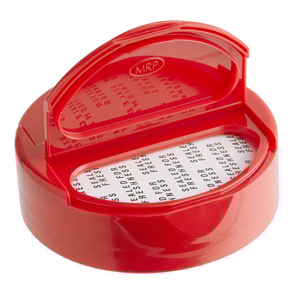 A red plastic 53/485 spice lid with dual-flappers and 7 holes.