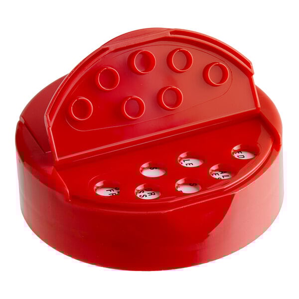 A red 53/485 plastic spice lid with dual flappers and 7 holes.
