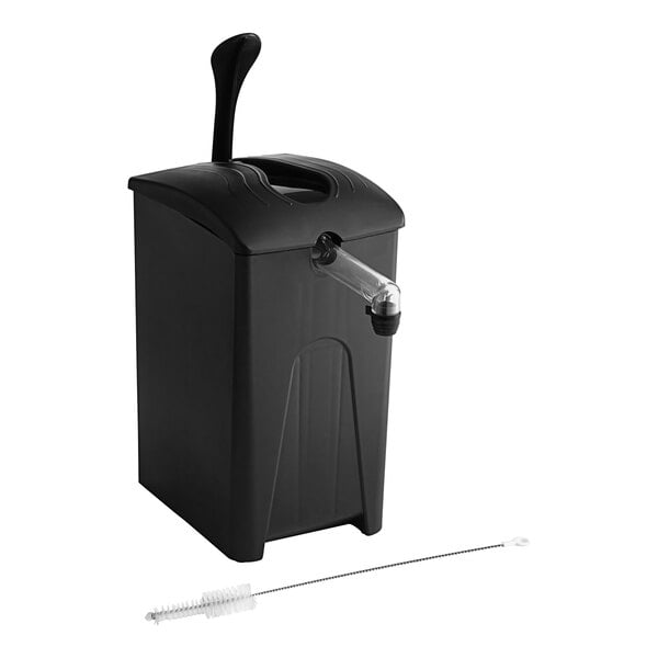 A black plastic container with a clear tube on a white background.