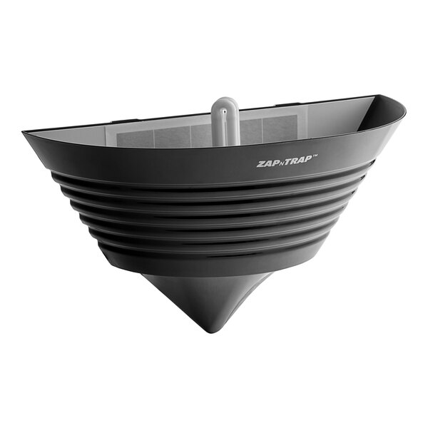 A Lavex Zap N Trap black wall sconce with a white light bulb over a black funnel.