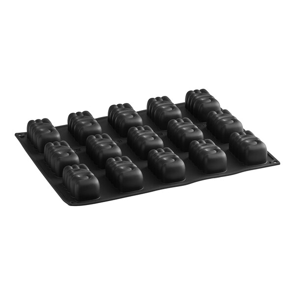 A black Pavoni silicone baking mold with 15 oval cavities.