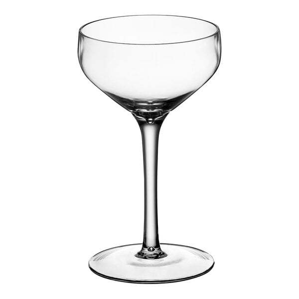 An Acopa Tritan plastic coupe glass with a stem on a white background.