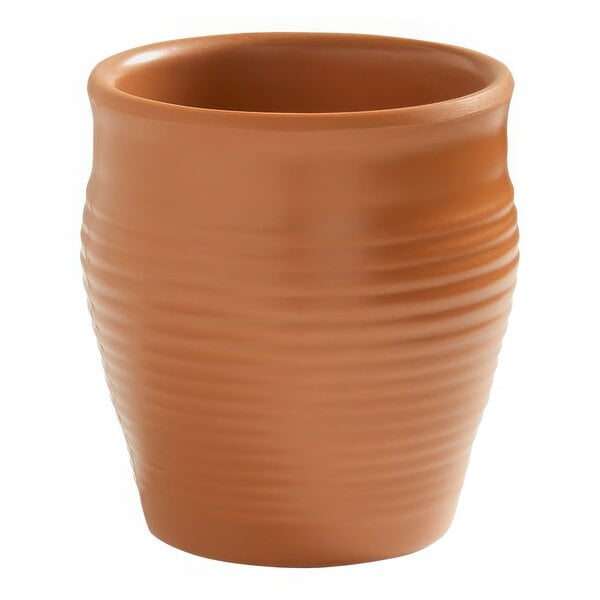 An American Metalcraft brown terracotta melamine pot with a curved design.