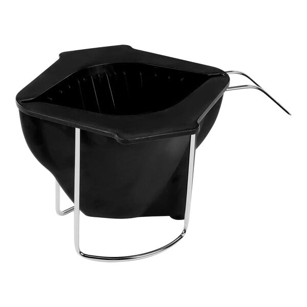 A black metal brew cone with a metal frame and extended side.