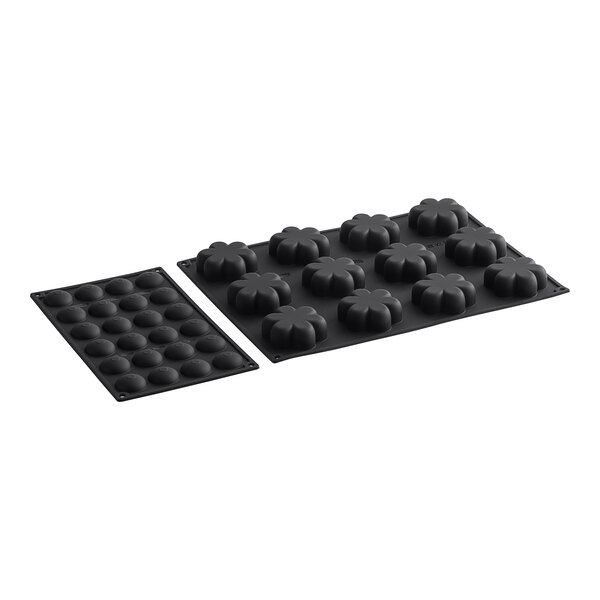 A black Pavoni silicone baking mold set with round and rectangular shapes.