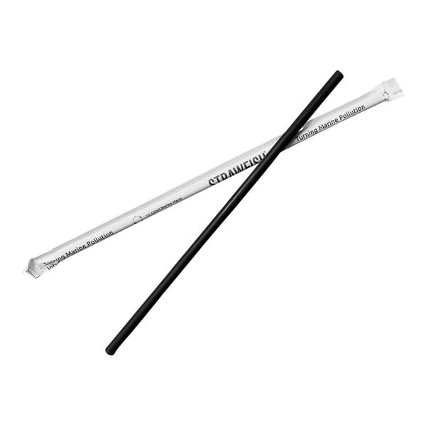 A black wrapped StrawFish giant straw with white writing on it.