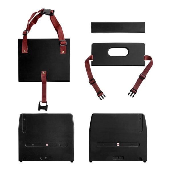 A black rectangular wooden booster seat with straps.