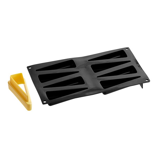 A black plastic Pavoni Pavoflex baking mold with 8 rectangular cavities.