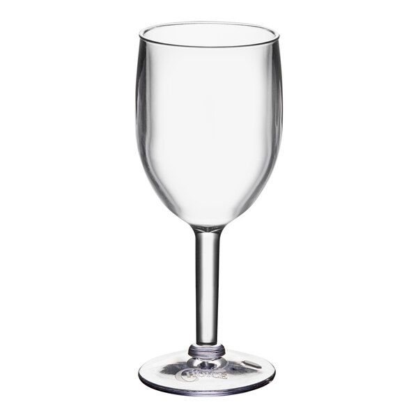 A close-up of a clear Choice SAN plastic wine glass with a stem.