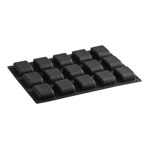 A black rectangular Pavoni silicone baking mold with square cavities.