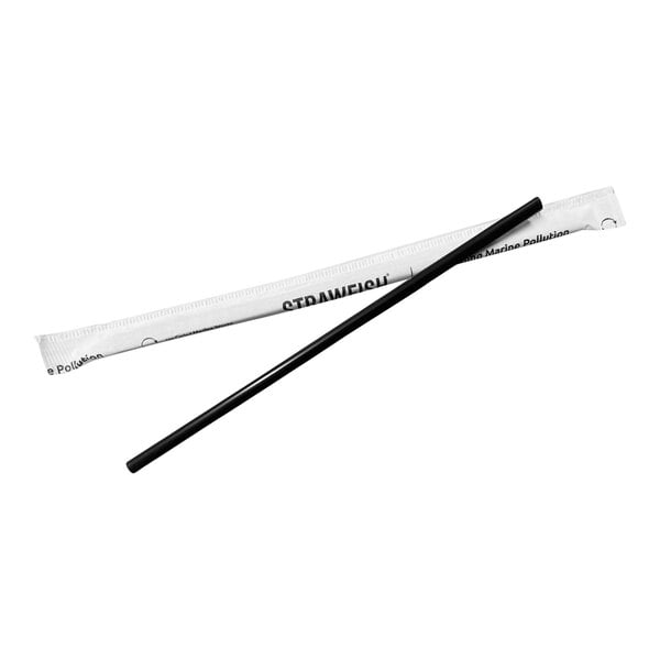 A black StrawFish jumbo straw with white wrapping on the tip.