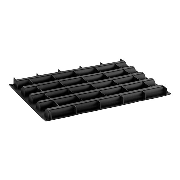 A black silicone baking mold with 5 compartments.