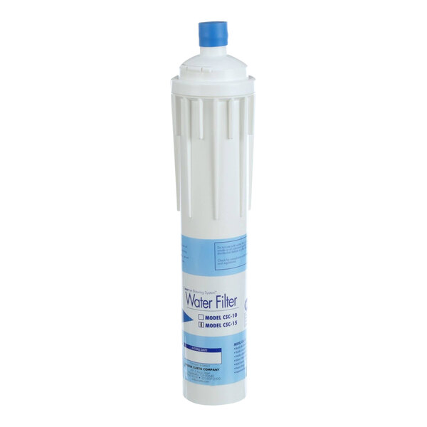 A white Wilbur Curtis water filter cartridge with a blue label.