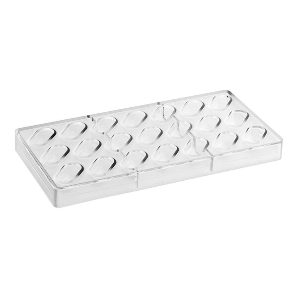 A clear plastic Pavoni Praline candy mold tray with 21 oblong compartments.