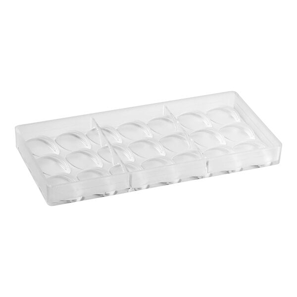 A clear polycarbonate tray with 21 egg-shaped cavities.