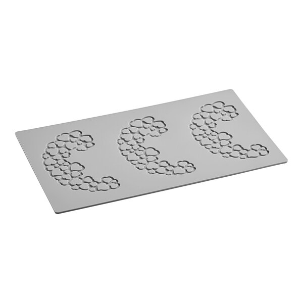A grey rectangular silicone mold with 3 heart-shaped cavities.