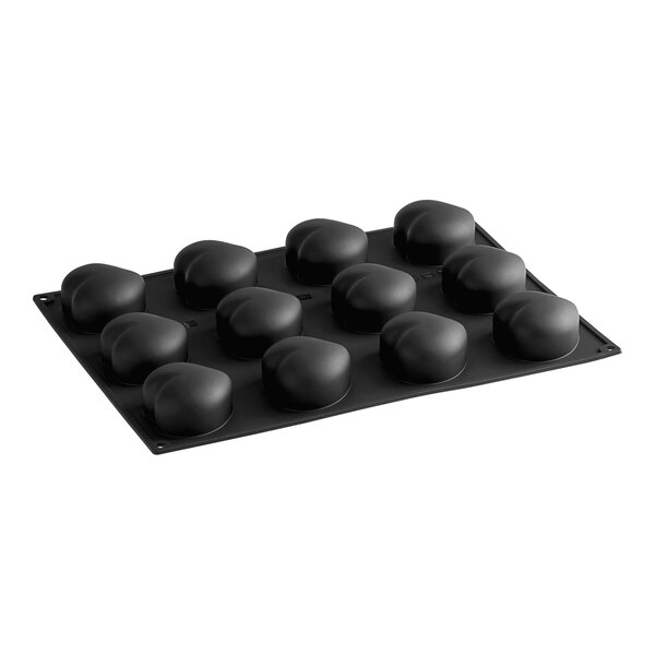 A black silicone Pavoni Pavoflex baking mold with 12 heart-shaped cavities.