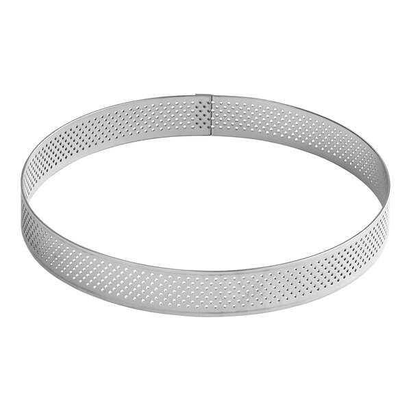 A Pavoni stainless steel circular tart ring with holes.