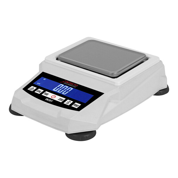 A Cardinal Detecto 420 Series 100 Gram digital precision balance scale with a blue digital screen.