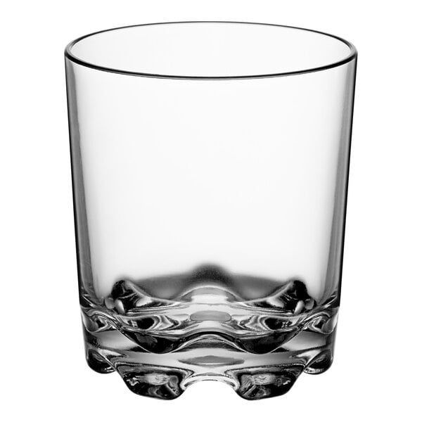 An Acopa Endure clear plastic rocks glass with wavy edges.
