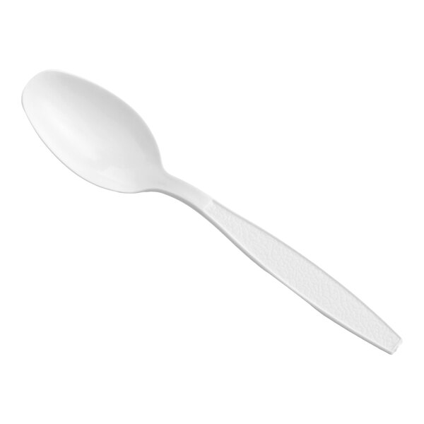 A white heavy weight polystyrene plastic teaspoon.