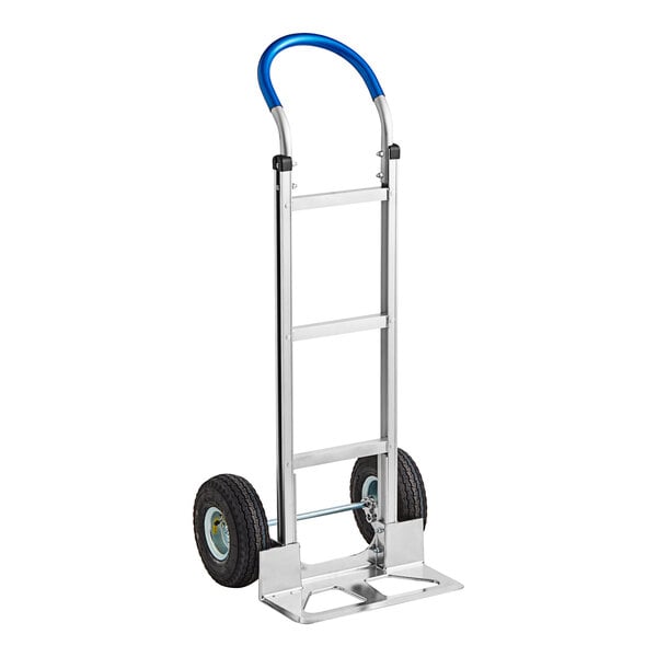 A Lavex aluminum hand truck with blue pneumatic wheels.