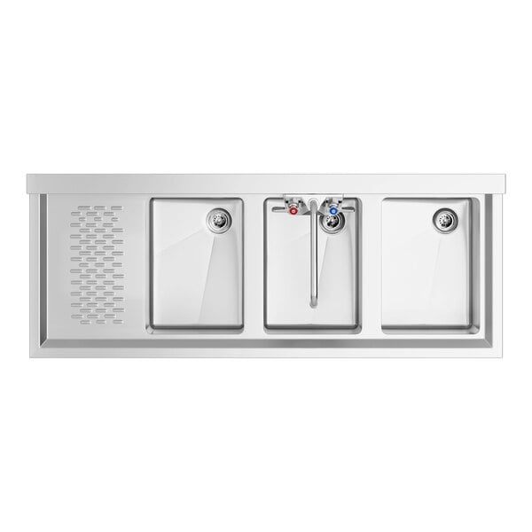 A stainless steel sink unit with three rectangular basins, a faucet in the center, and a drainboard on the left side.