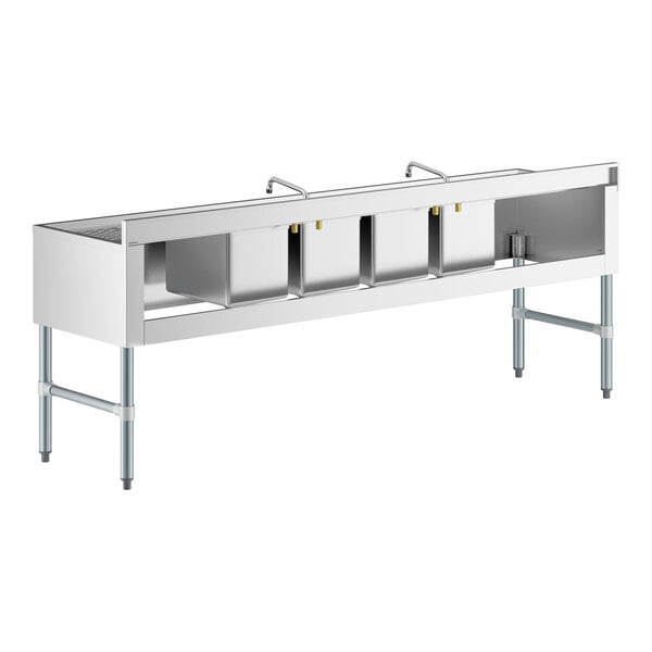 Regency 84" x 21" Four Bowl Underbar Sink with Two Faucets and Two Large Drainboards