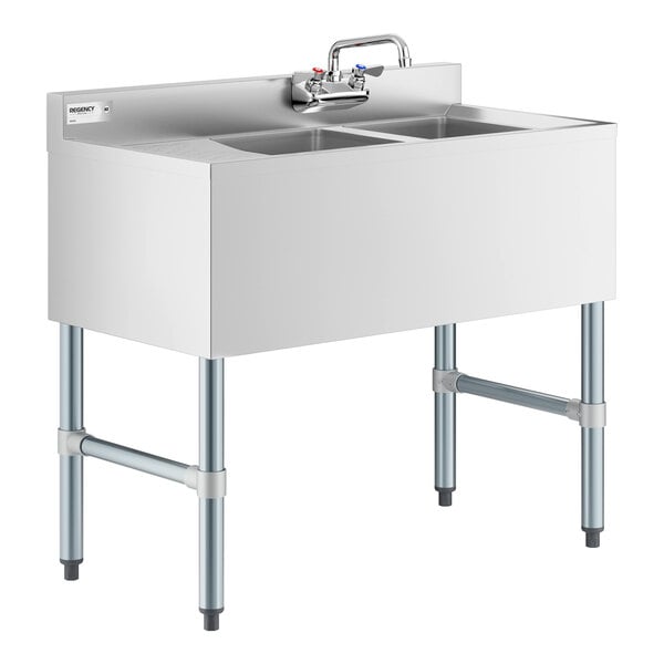 Regency 36" x 18 3/4" Two Bowl Underbar Sink with Faucet and Left Drainboard