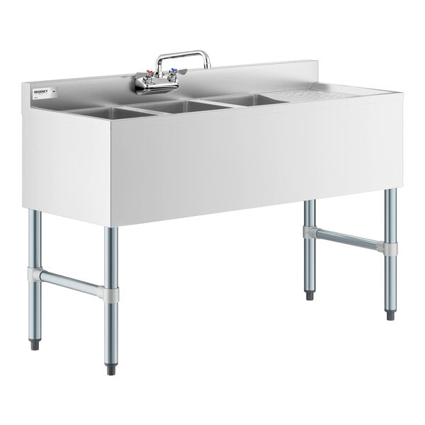 Regency 48" x 18 3/4" Three Bowl Underbar Sink with Faucet and Right Drainboard