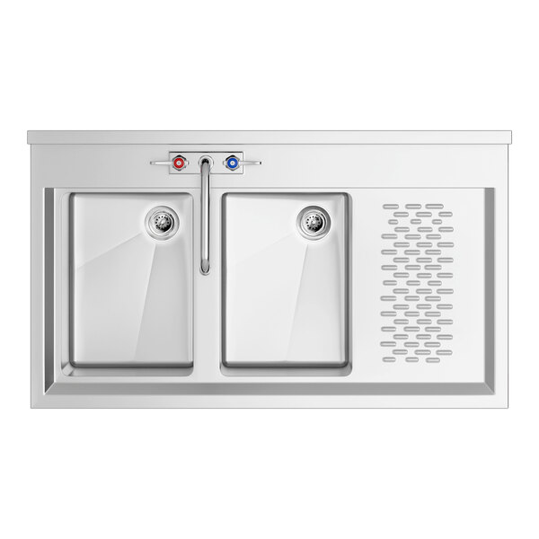 A stainless steel Regency underbar sink with two sinks and faucets.